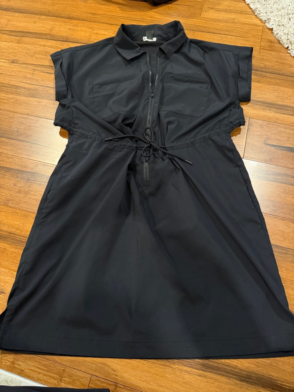 Athleta Black Short Sleeve Zip Front Drawstring Dress